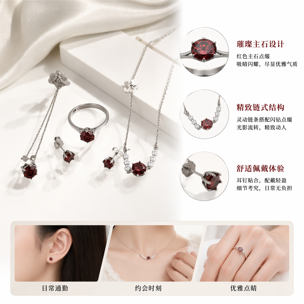 All-silver Moissanite set, ring, stud earrings, pendant, bracelet, ring, red transparent crystal