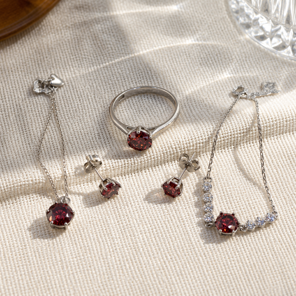 All-silver Moissanite set, ring, stud earrings, pendant, bracelet, ring, red transparent crystal details Picture