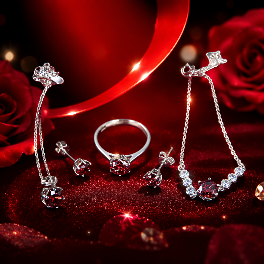 All-silver Moissanite set, ring, stud earrings, pendant, bracelet, ring, red transparent crystal Specification image