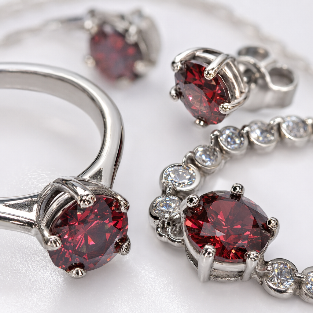 All-silver Moissanite set, ring, stud earrings, pendant, bracelet, ring, red transparent crystal Application Scenario
