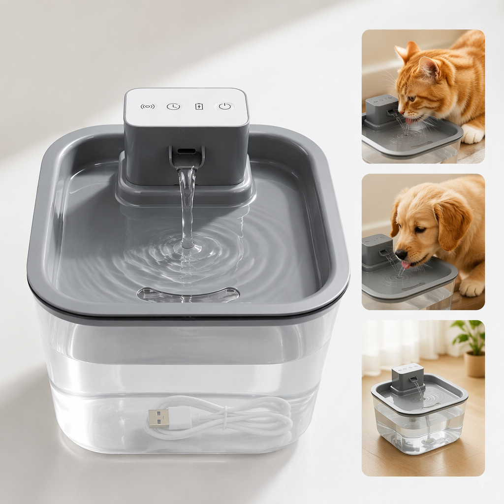 Grey square pet water dispenser, silent circulating automatic water dispenser for cats and dogs