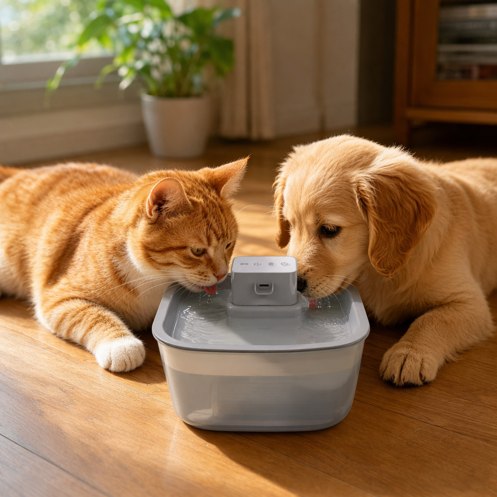 Grey square pet water dispenser, silent circulating automatic water dispenser for cats and dogs details Picture