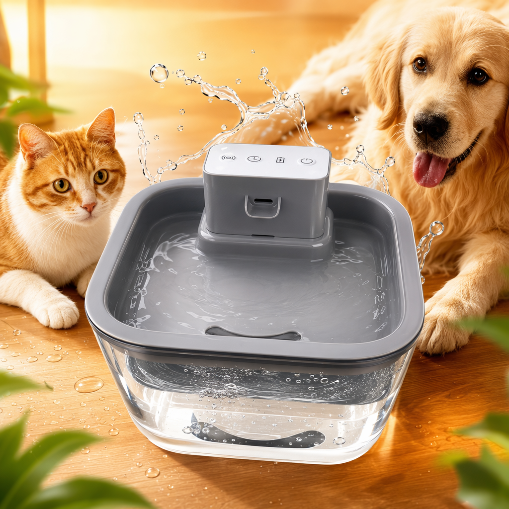 Grey square pet water dispenser, silent circulating automatic water dispenser for cats and dogs Specification image