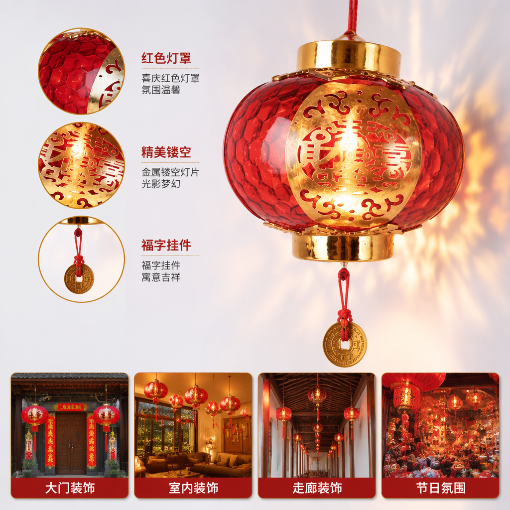 Red hollowed-out "Fu" character lantern, a Chinese-style Spring Festival decorative hanging item for home living room entrance hall