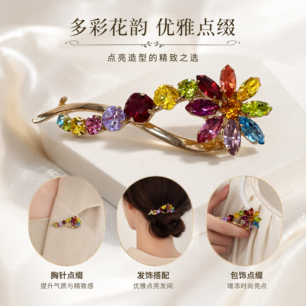 金色花形胸针镶嵌多彩宝石精致复古女士配饰