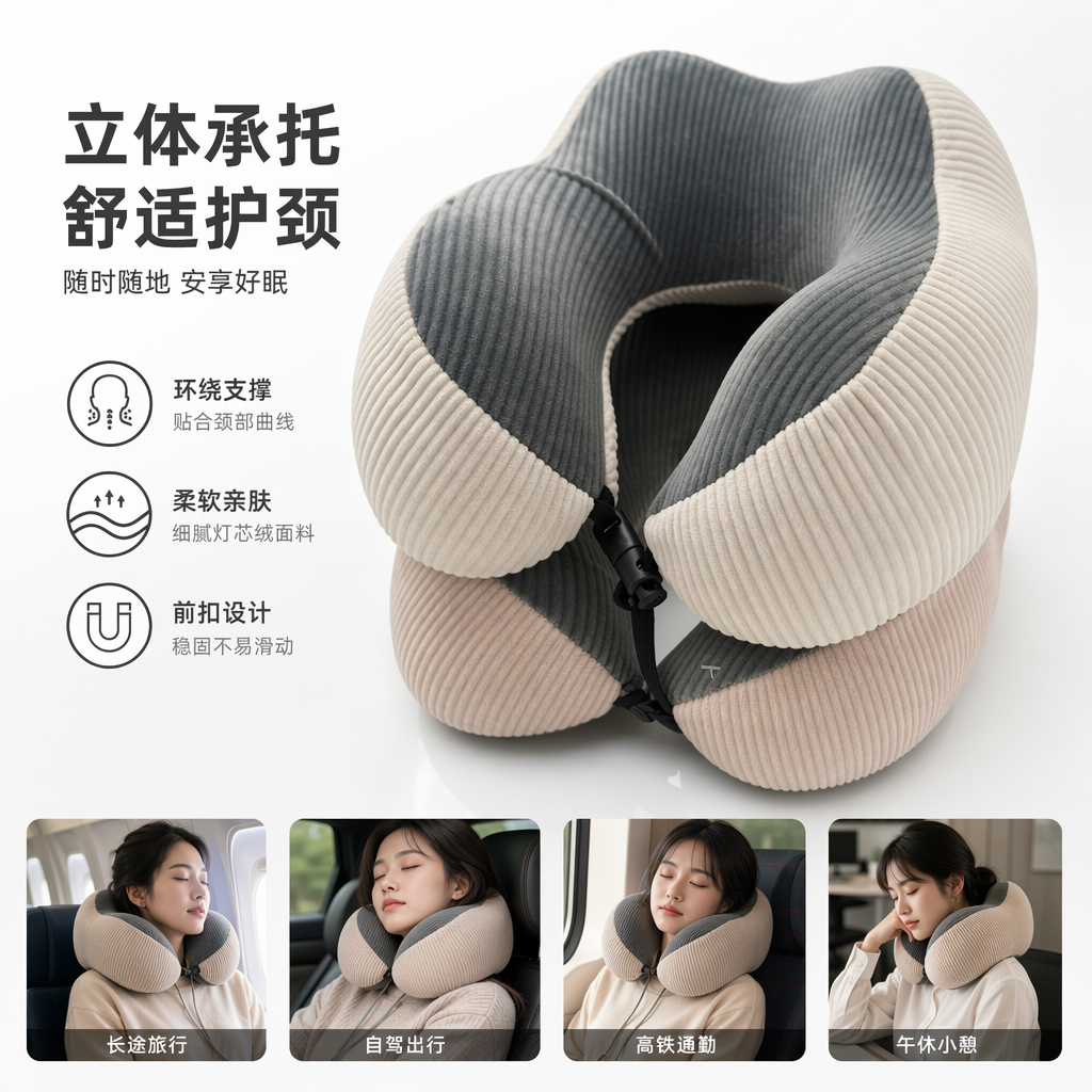 A grey striped U-shaped neck support memory foam nap travel pillow