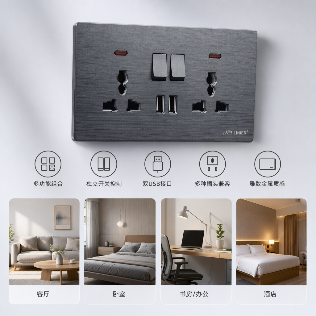 M1 gris díptico 13A multifuncional +USB wall zócalo home office interruptor de pared universal outlet especial