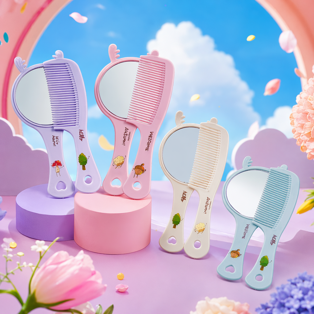 Colorful cartoon comb and mirror set for children and girls, two-in-one comb and mirror Specification image