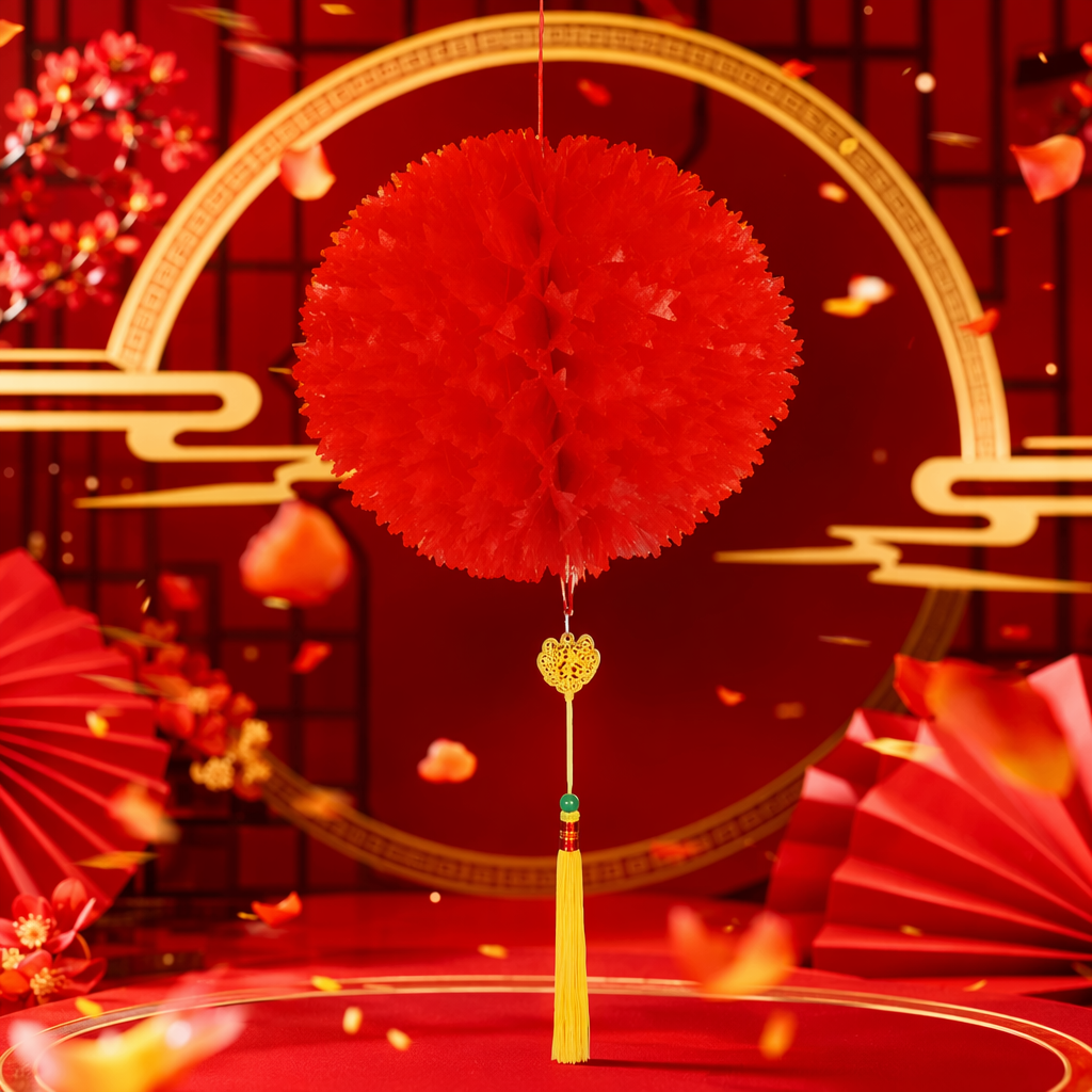 红色纸花球装饰品细节图