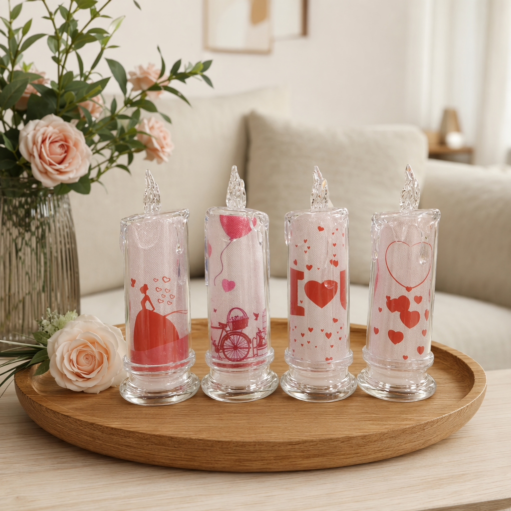 Transparent candle-shaped decorative item with red heart-shaped pattern design for home decoration details Picture