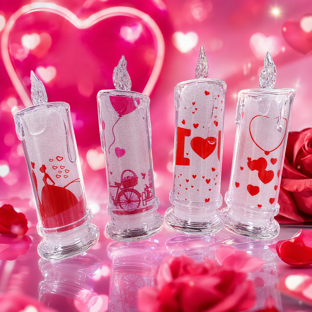 Transparent candle-shaped decorative item with red heart-shaped pattern design for home decoration Specification image