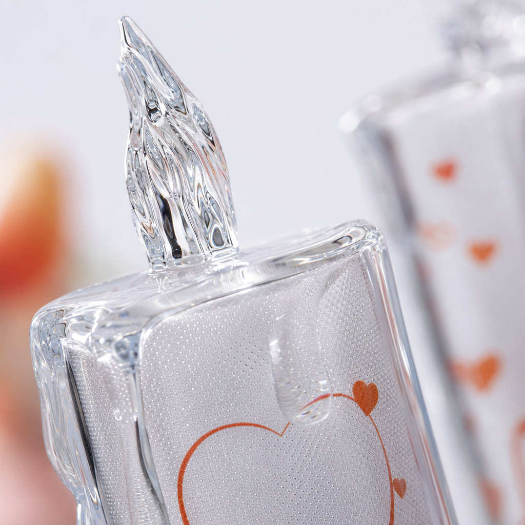 Transparent candle-shaped decorative item with red heart-shaped pattern design for home decoration Application Scenario