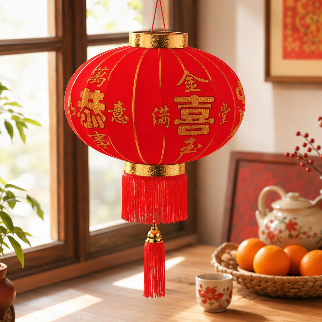 A red oval paper lantern with a golden metal ring and red tassels, symbolizing prosperity and good fortune details Picture