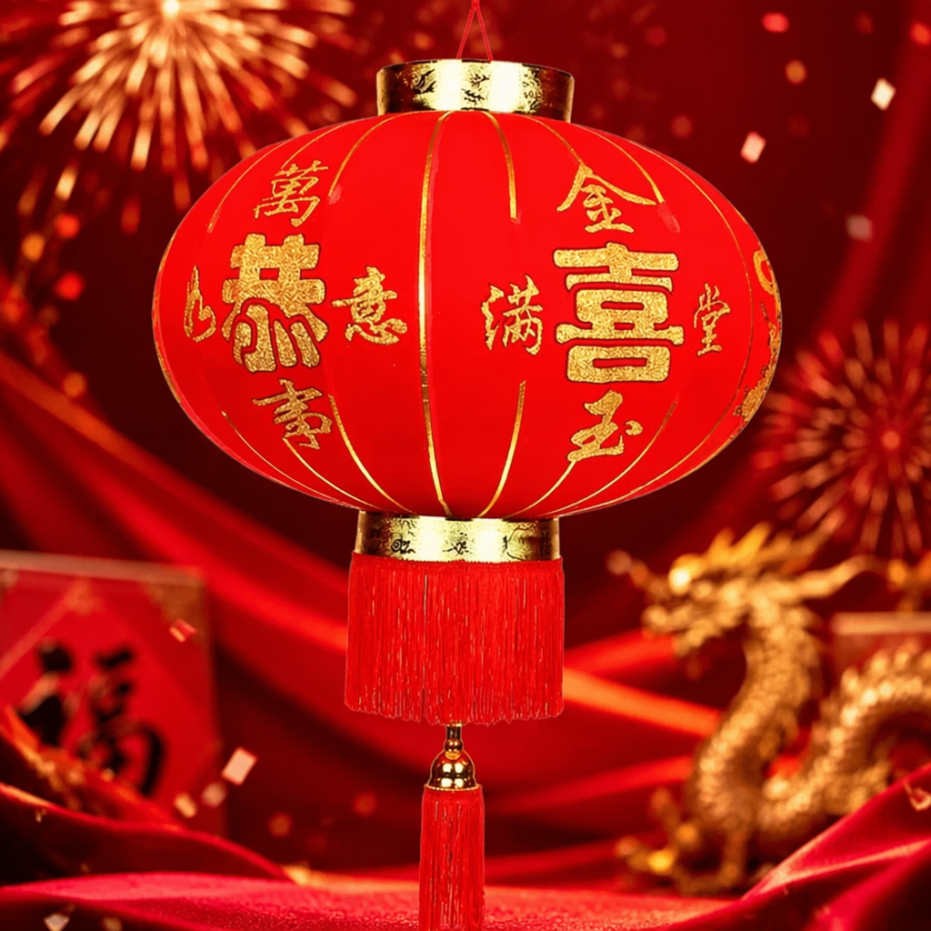 A red oval paper lantern with a golden metal ring and red tassels, symbolizing prosperity and good fortune Specification image