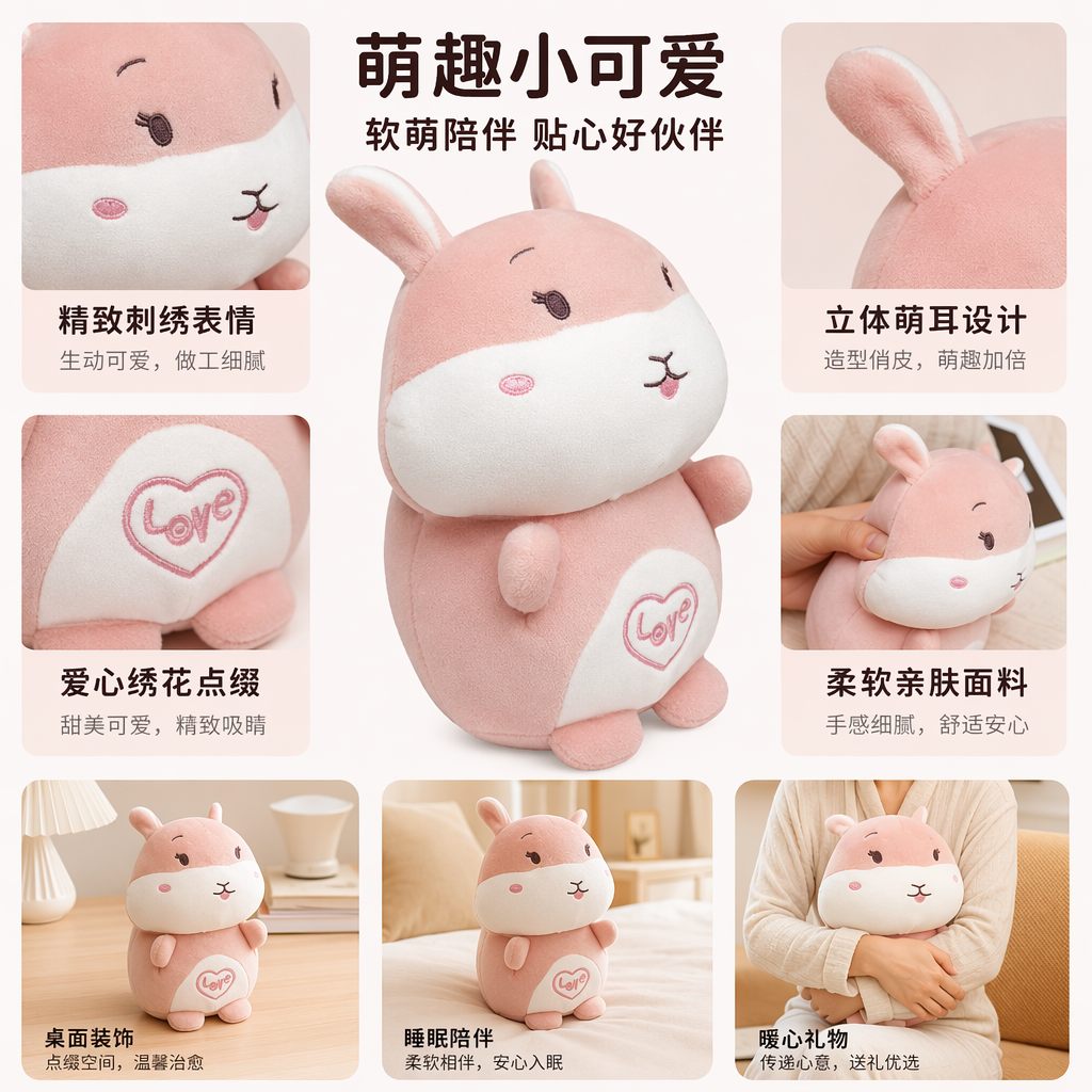 Pink plush toys, cute cartoon throw pillows, plush figurines, plush dolls