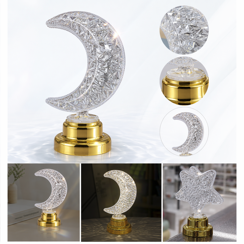 Transparent crescent-shaped decorative items with golden bases, indoor ornaments, home decoration