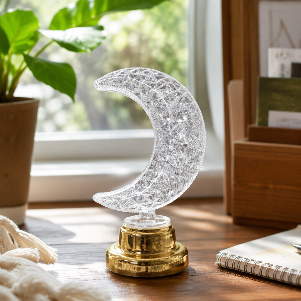 Transparent crescent-shaped decorative items with golden bases, indoor ornaments, home decoration details Picture
