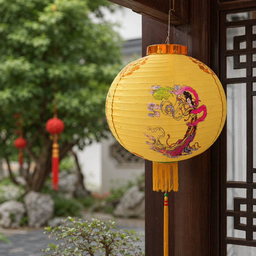 Yellow paper lantern with fairy flying sky pattern decorative lamp, festival hanging decoration details Picture