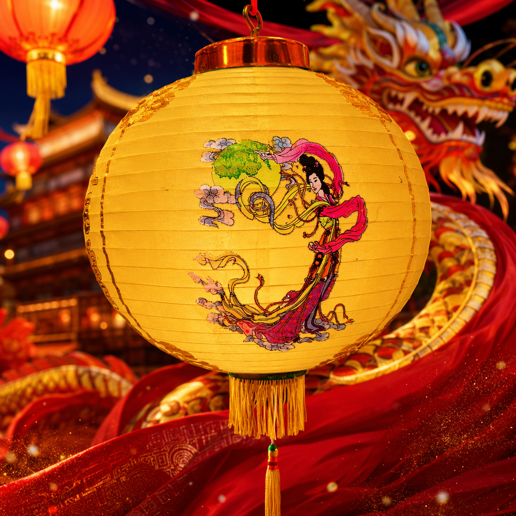 Yellow paper lantern with fairy flying sky pattern decorative lamp, festival hanging decoration Specification image