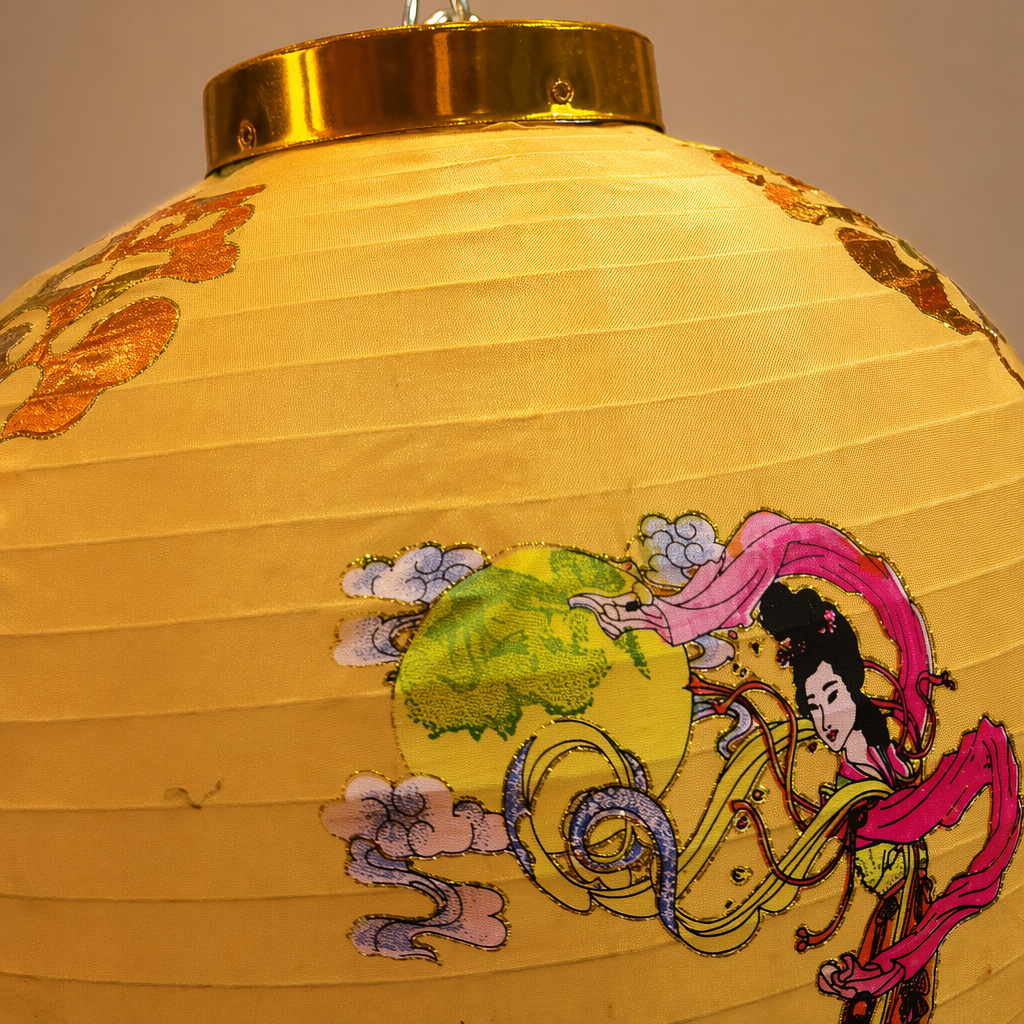 Yellow paper lantern with fairy flying sky pattern decorative lamp, festival hanging decoration Application Scenario