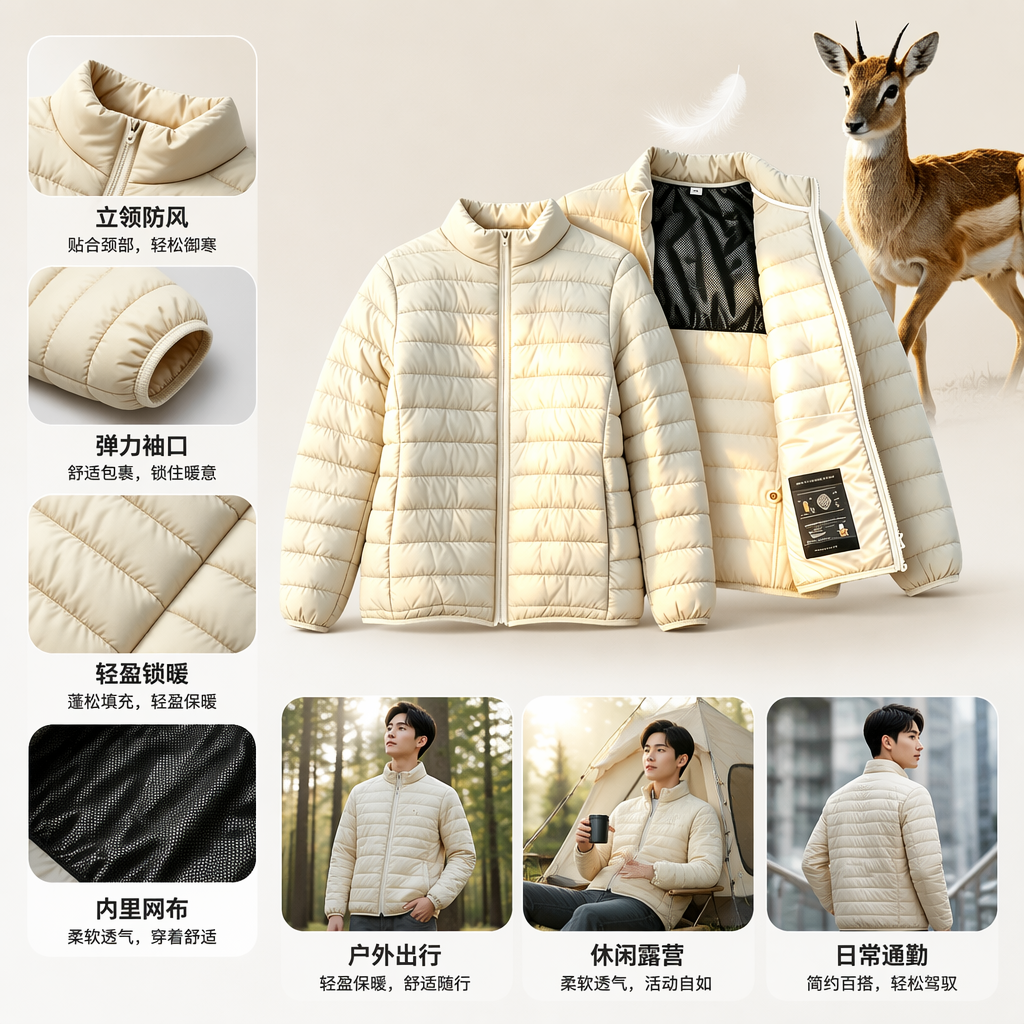 米白色轻暖立领羊毛羽绒服两件叠放雪林羚羊背景