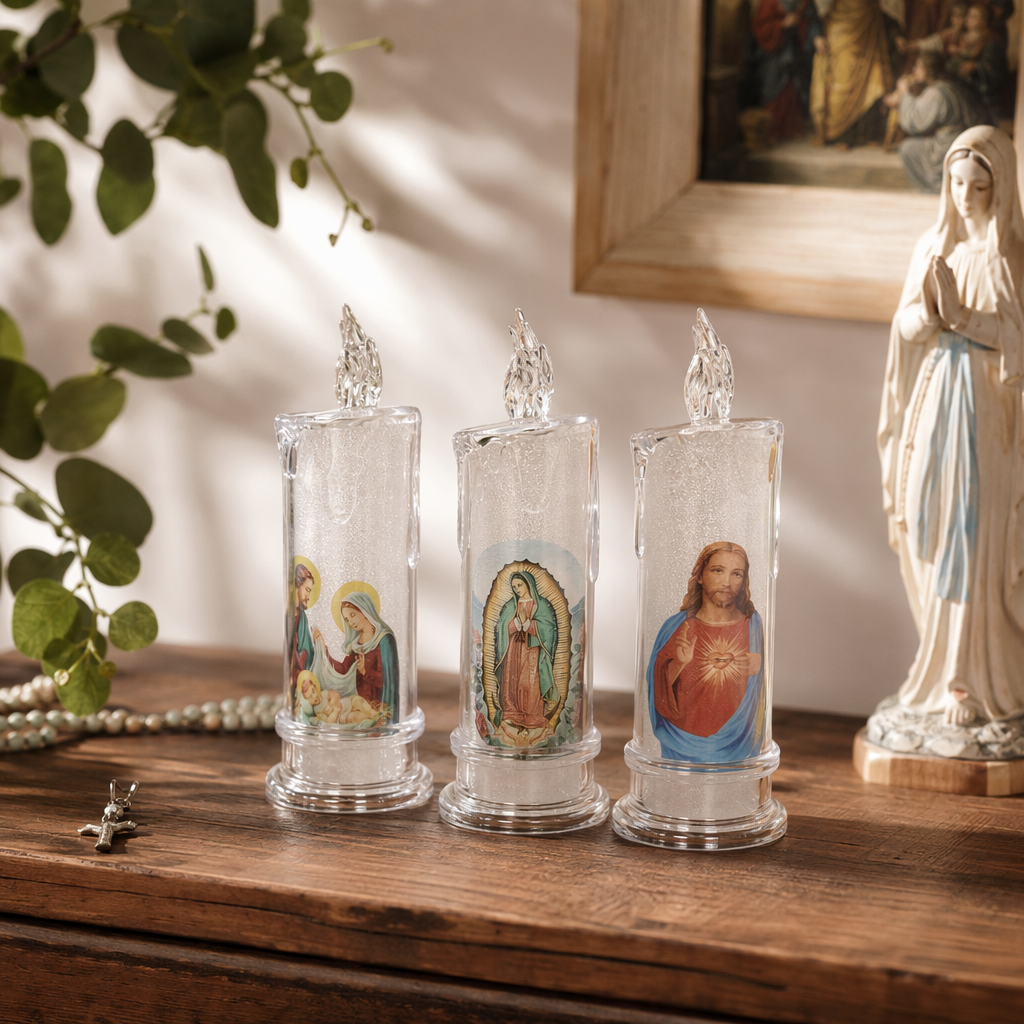 Three-piece transparent candle-shaped religious icon decoration of the Virgin and Child of Guadalupe and the Sacred Heart of Jesus details Picture