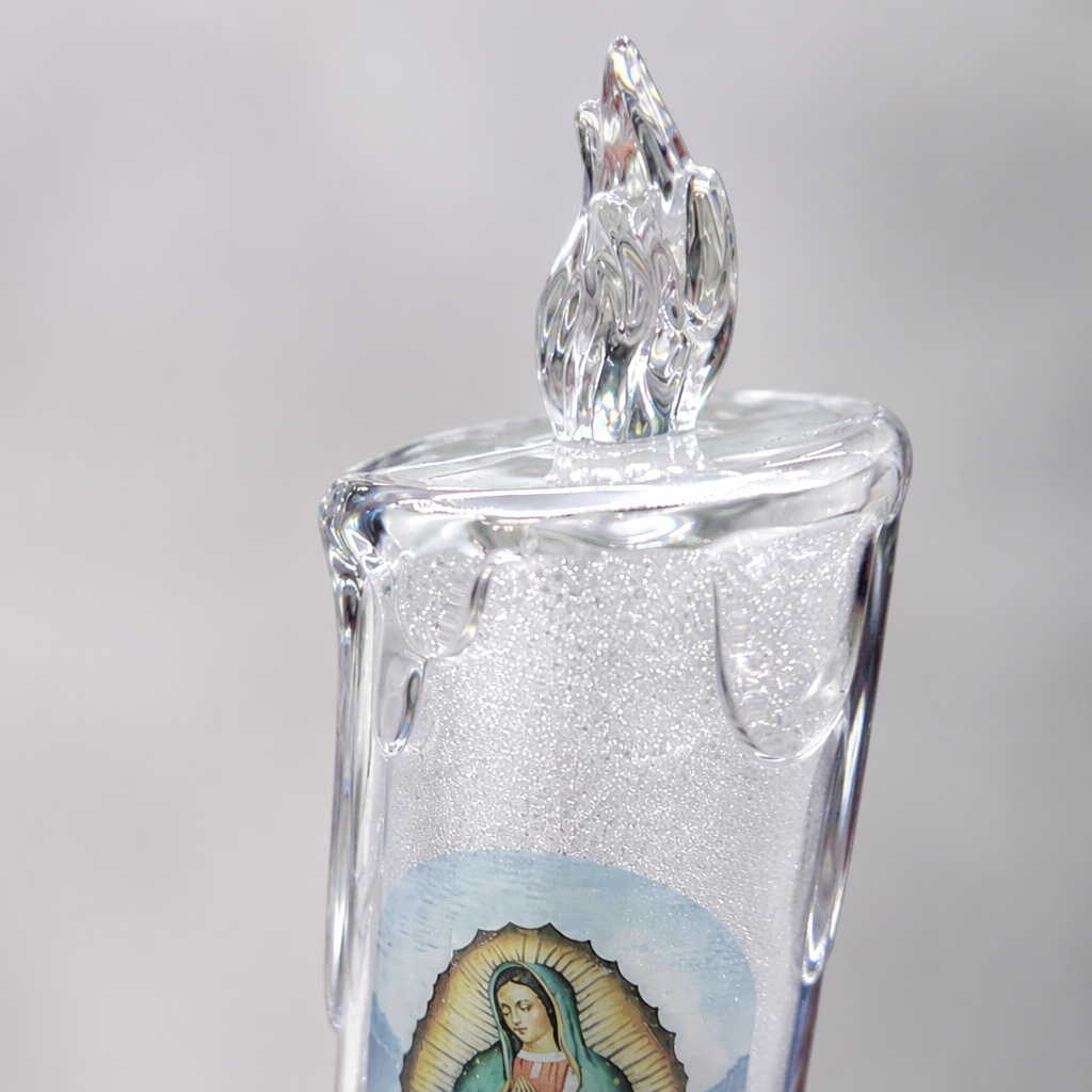 Three-piece transparent candle-shaped religious icon decoration of the Virgin and Child of Guadalupe and the Sacred Heart of Jesus Application Scenario