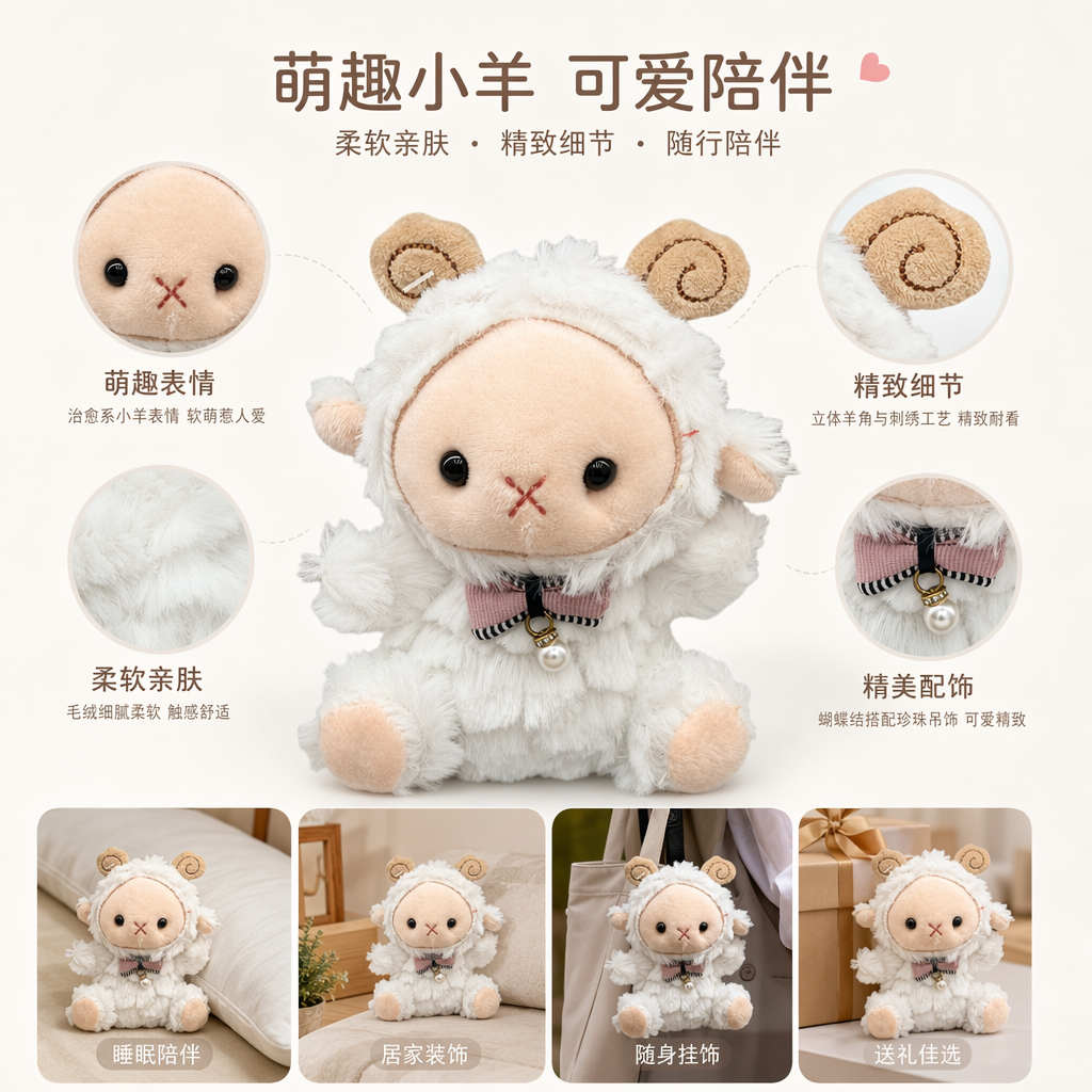 White plush sheep dolls, cute and adorable fabric figurines, home decoration plush toys