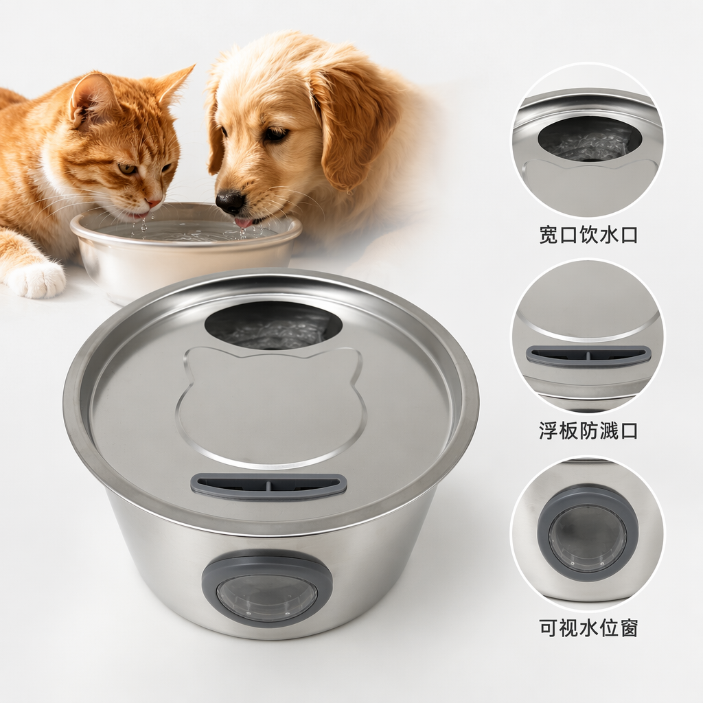 Silver stainless steel cat-shaped intelligent automatic pet water dispenser with infrared sensor
