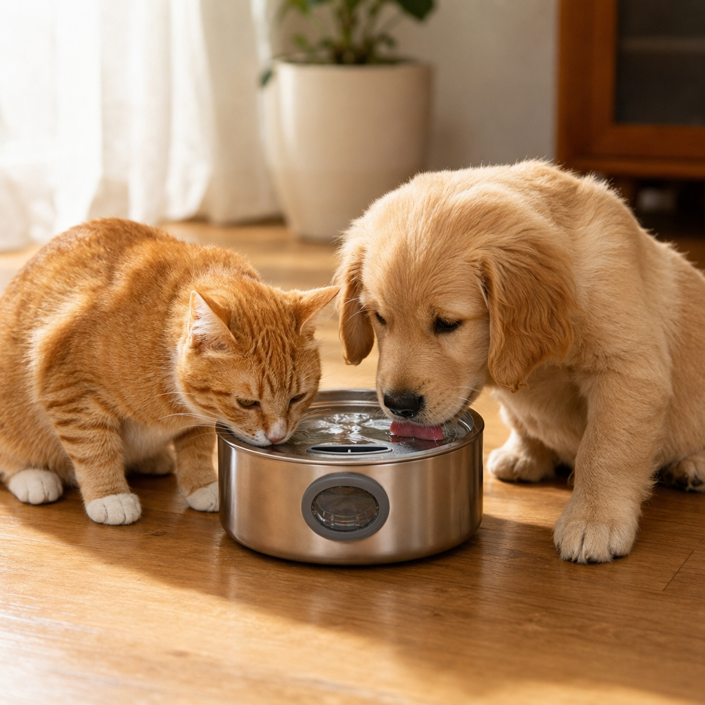 Silver stainless steel cat-shaped intelligent automatic pet water dispenser with infrared sensor details Picture