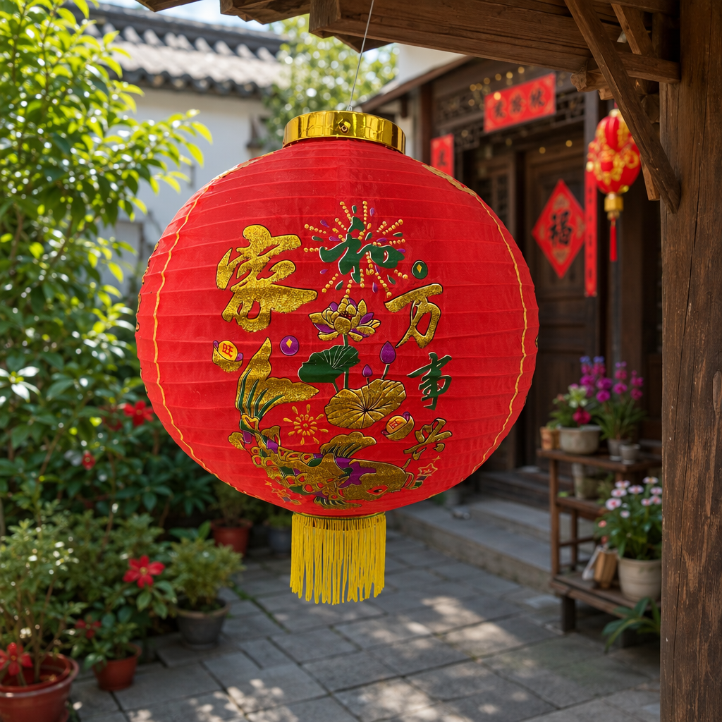 Round red paper lanterns with the characters "Family Harmony, All Things Thrive", lotus, goldfish, fireworks, prosperity, golden rings and yellow tassels details Picture
