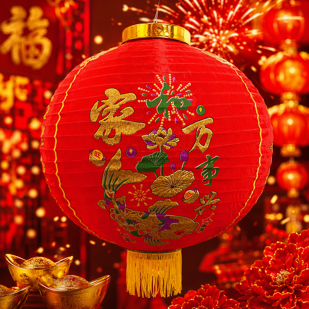 Round red paper lanterns with the characters "Family Harmony, All Things Thrive", lotus, goldfish, fireworks, prosperity, golden rings and yellow tassels Specification image
