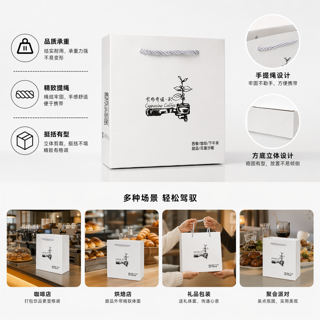White kraft paper handbag, eco-friendly and simple shopping bag, customizable printed gift packaging bag