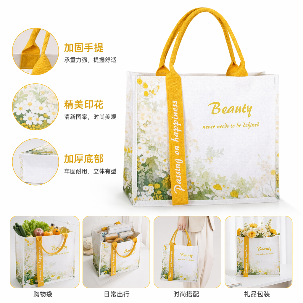 白色帆布袋黄色提手花卉图案金色文字Beauty never needs to be defined黄色飘带Passing on happiness