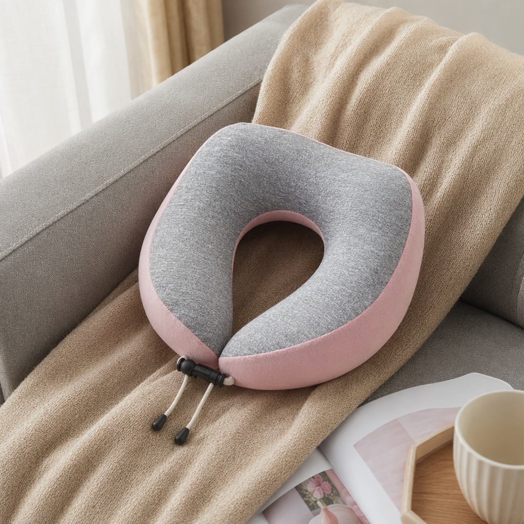 The U-shaped neck support and neck protection pillow in gray and gray pink color combination, made of memory foam, is a comfortable midday rest pillow details Picture