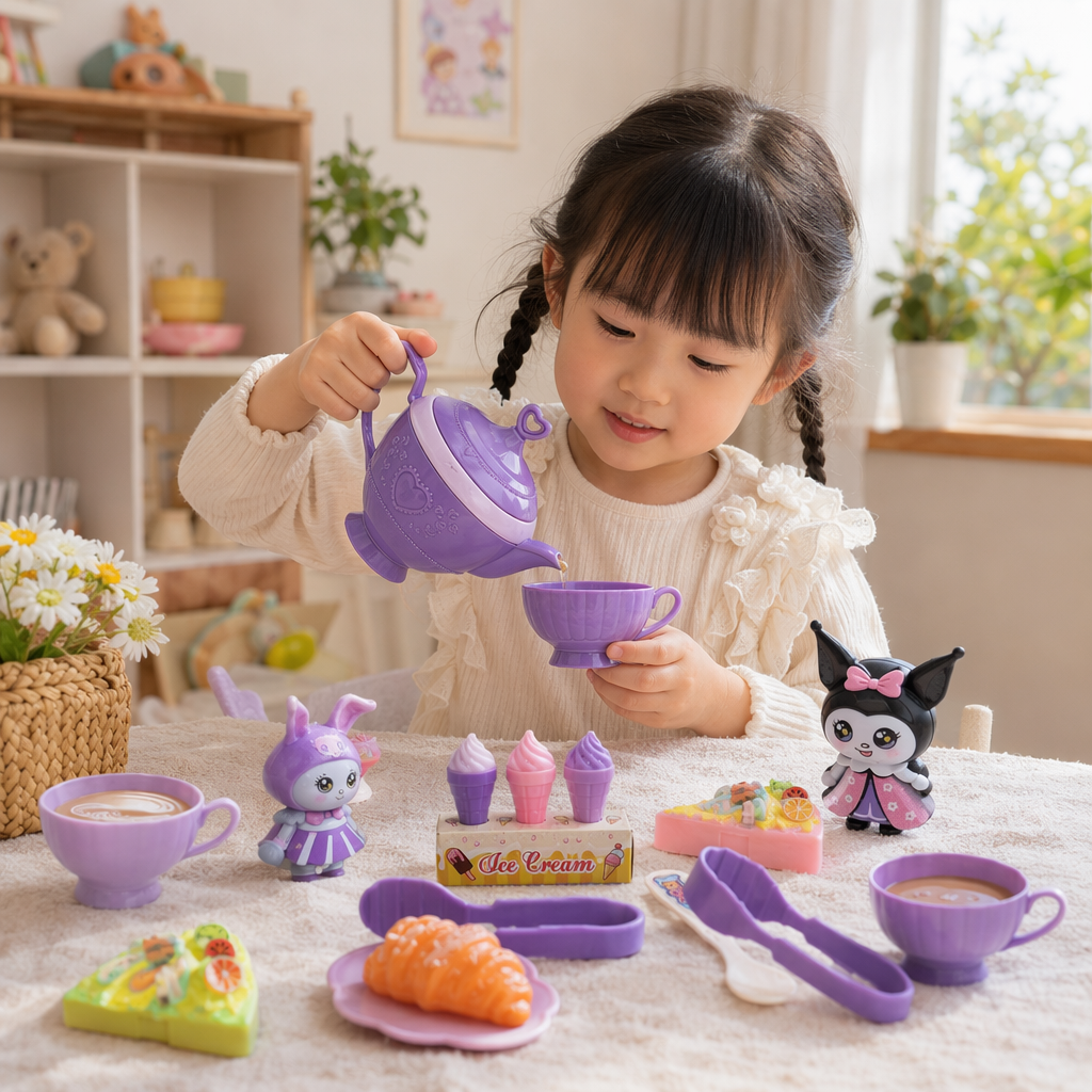 Purple children's toy tea set, simulated pretend play tea cup and teapot set details Picture