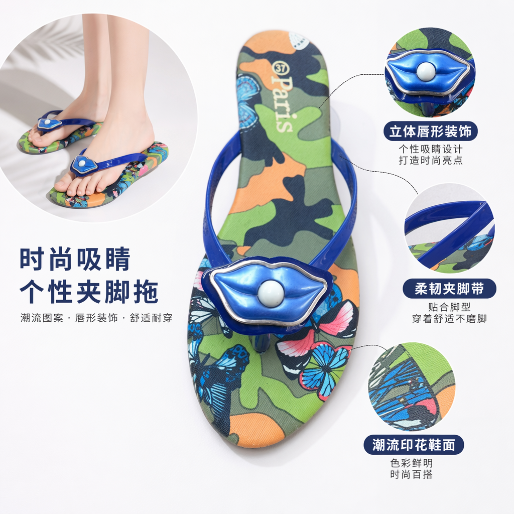 彩色迷彩蝴蝶图案人字拖 男女同款舒适防滑夏季凉拖