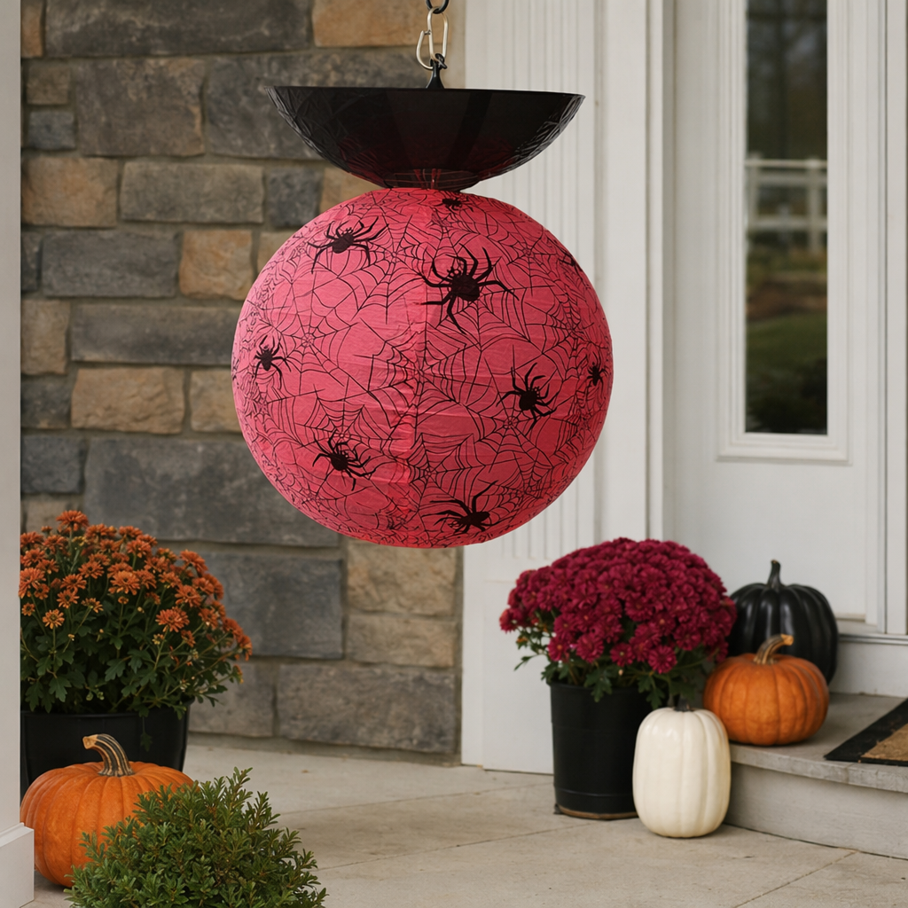 Pink spider web-like decorative lanterns, Halloween atmosphere lanterns and hanging decorations details Picture