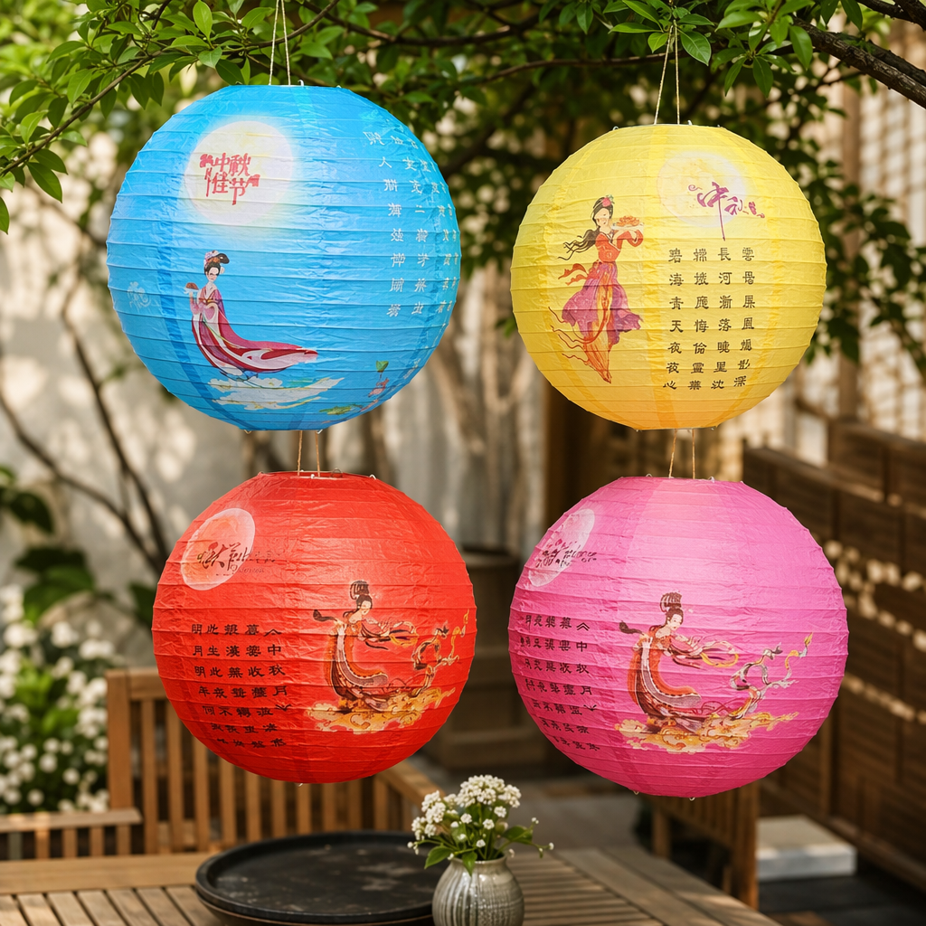Four ancient-style lady starry night scene colored paper lanterns, each in blue, yellow, red and pink round paper details Picture