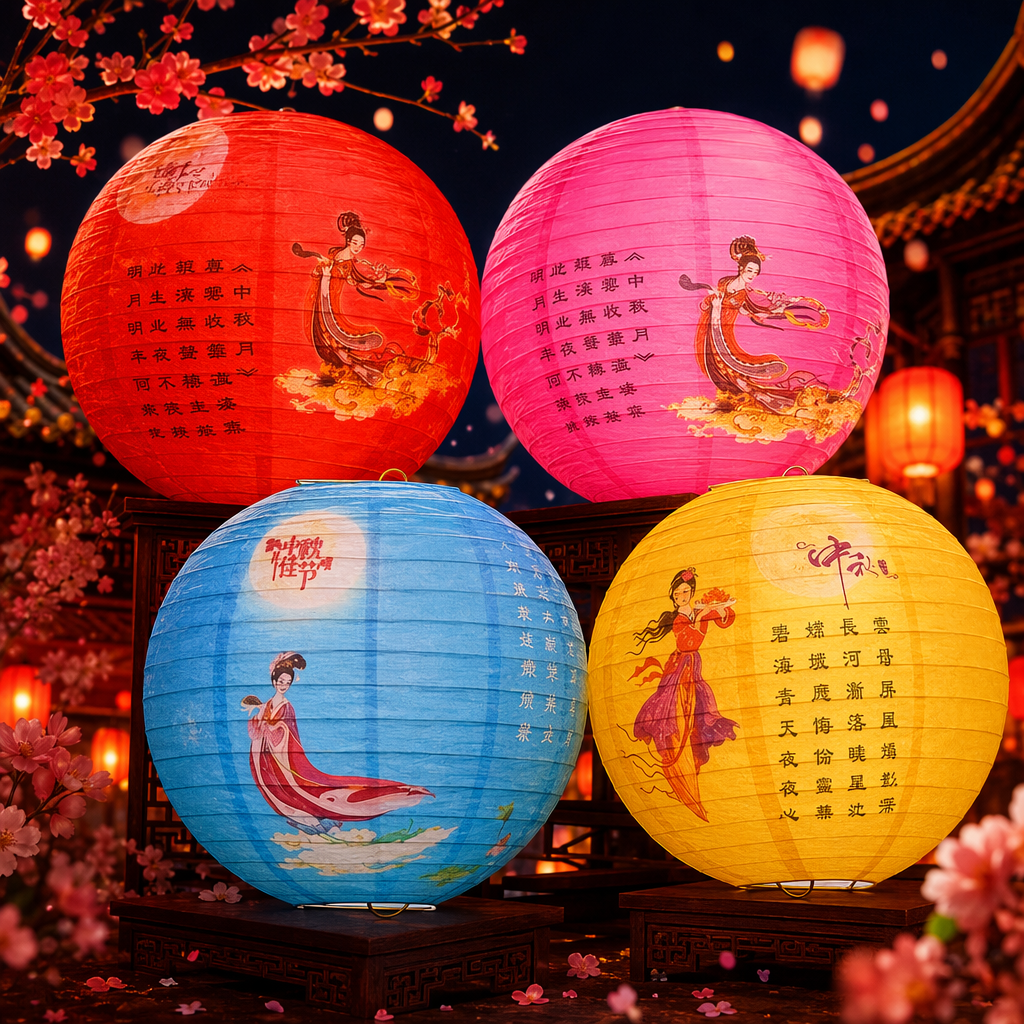 Four ancient-style lady starry night scene colored paper lanterns, each in blue, yellow, red and pink round paper Specification image