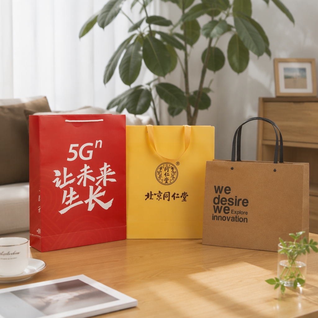 The three-color combination packaging bag of red, yellow and brown kraft paper bags is environmentally friendly and degradable details Picture