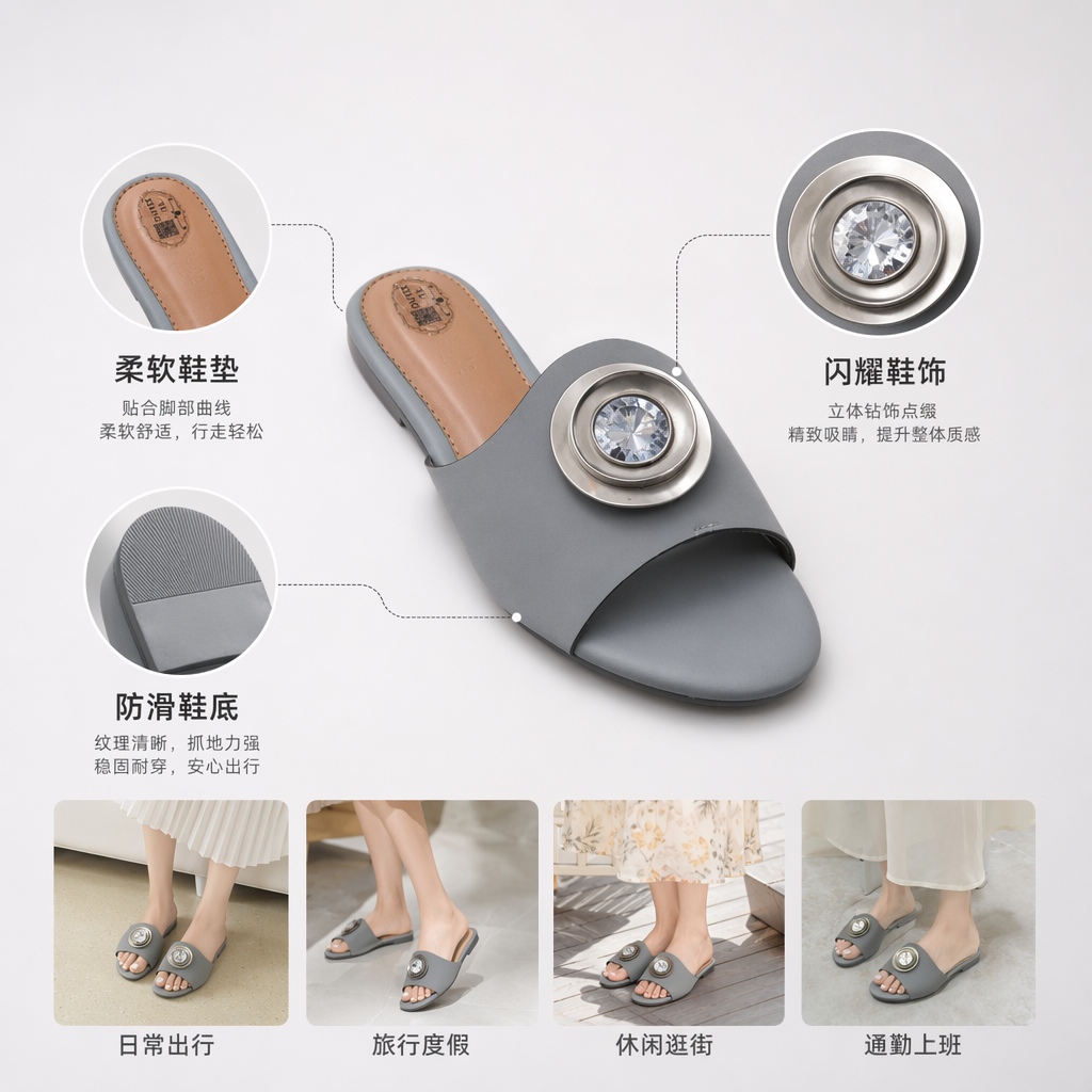 YU XIANG灰色凉拖鞋银色金属圆环镶透明水钻浅棕皮内里