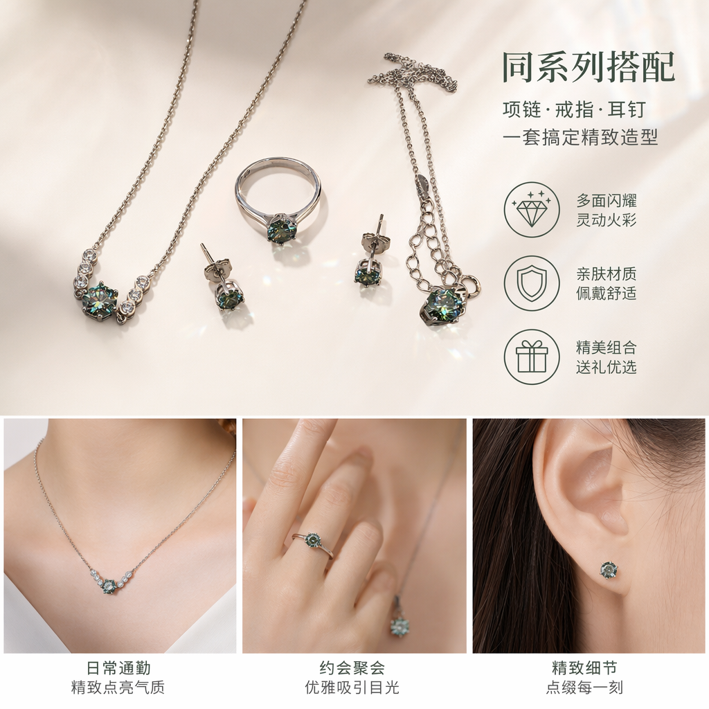 全银莫桑钻套装 项链戒指耳钉手链四件套