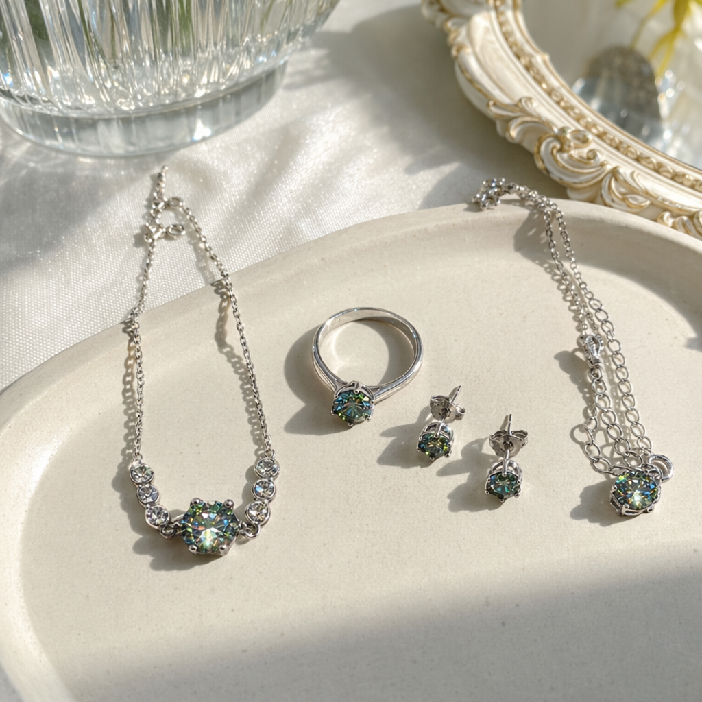 A four-piece set of all-silver Moissanite necklace, ring, stud earrings and bracelet details Picture