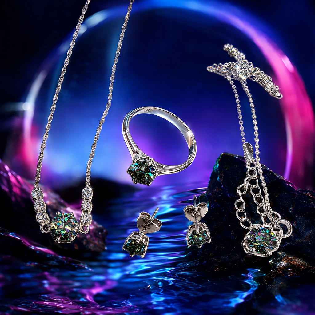 A four-piece set of all-silver Moissanite necklace, ring, stud earrings and bracelet Specification image