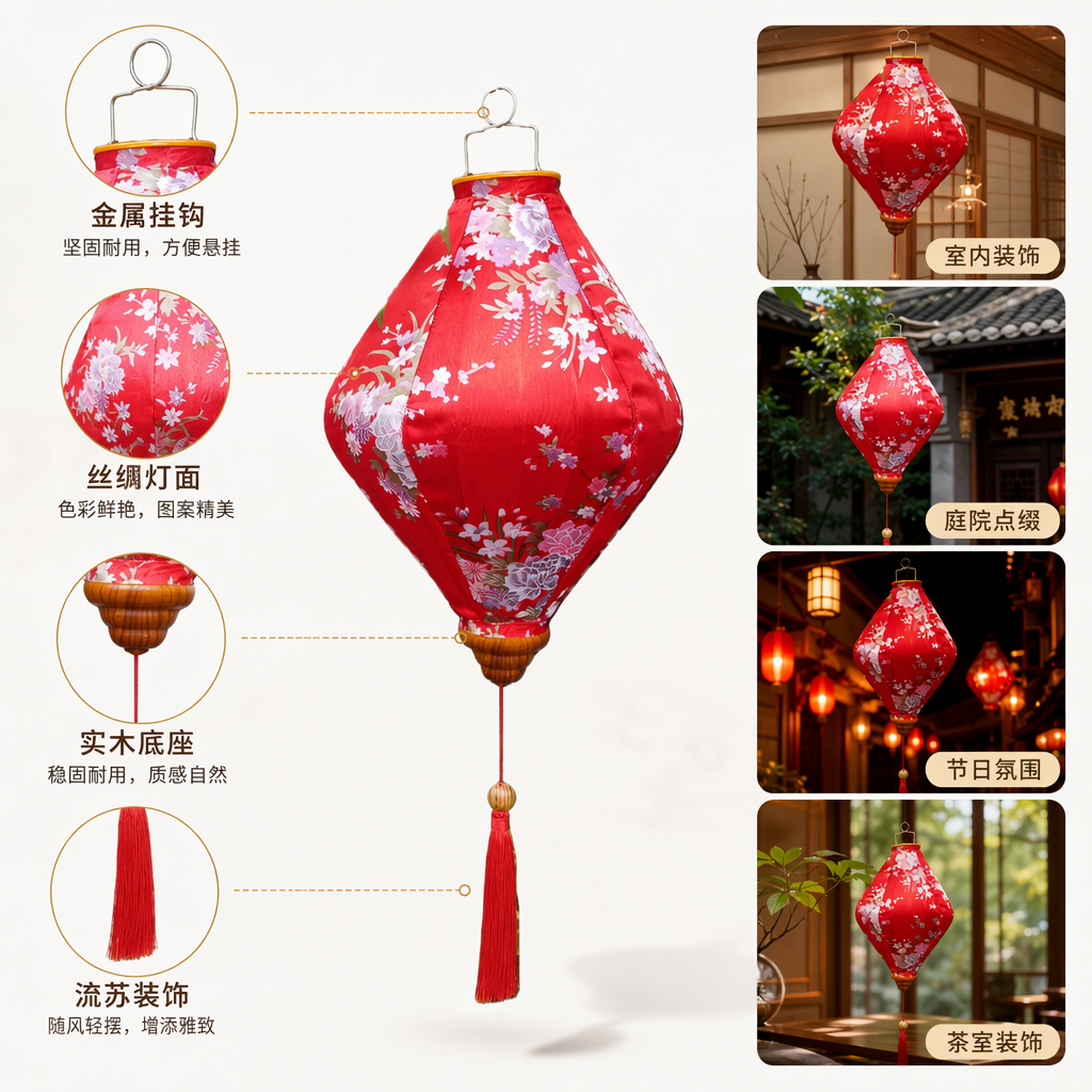 Red flower-patterned lanterns are traditional Chinese festive decorations for home hanging