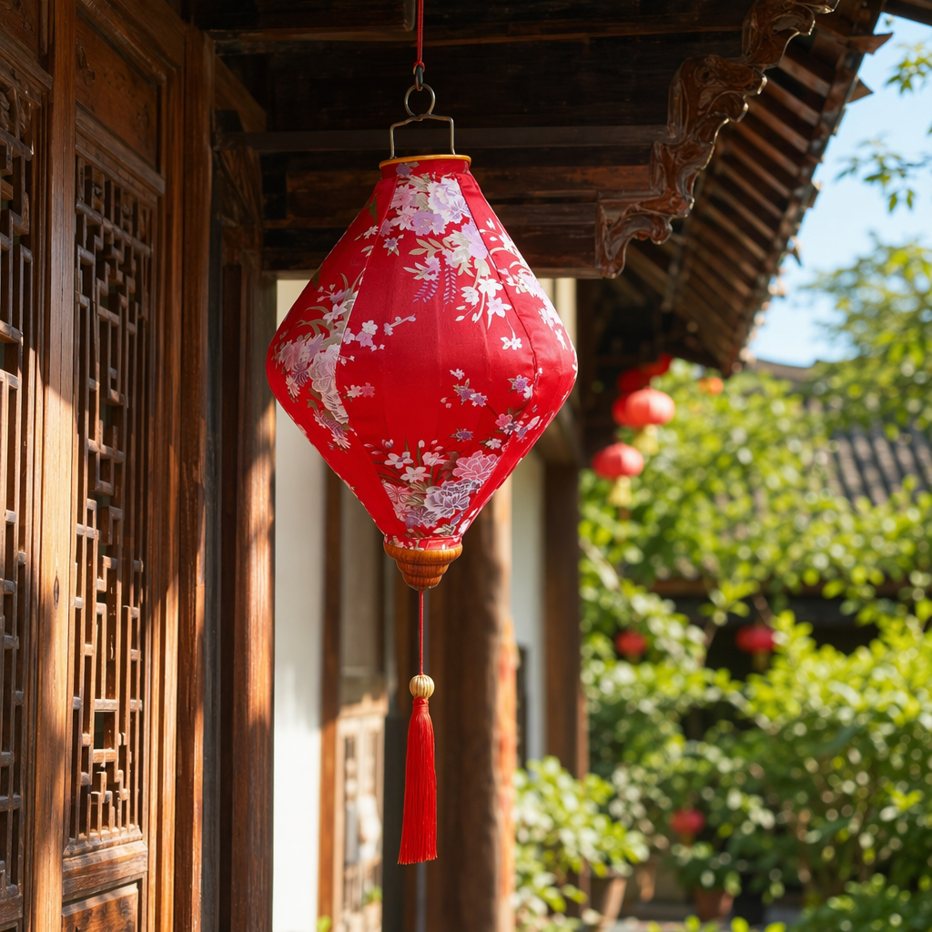 Red flower-patterned lanterns are traditional Chinese festive decorations for home hanging details Picture