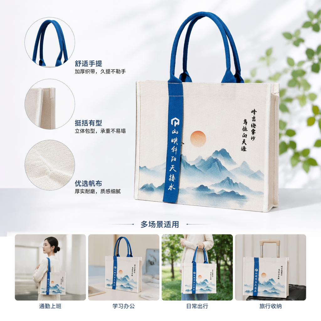 Ink-wash landscape painting canvas handbag, blue handle, white body, vertical blue ribbon, mountains reflected in the slanting sun, sky meeting water, peaks encircled by mist, birds fluttering towards the horizon, orange sun and mountain shadows