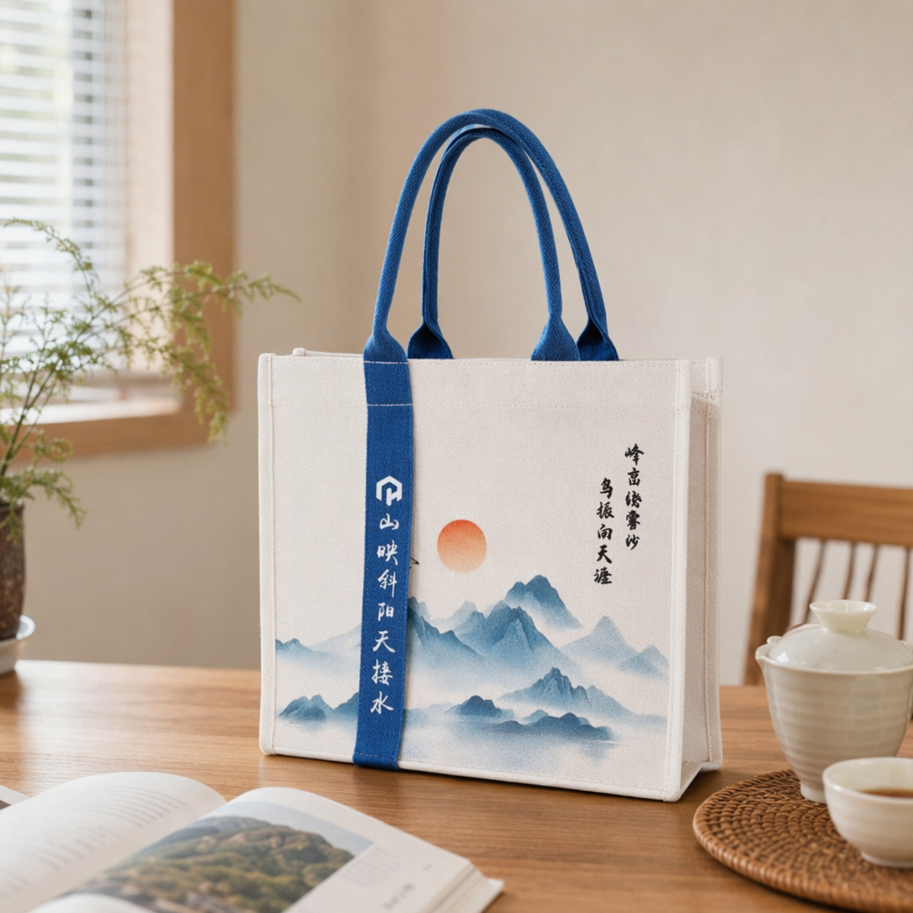 Ink-wash landscape painting canvas handbag, blue handle, white body, vertical blue ribbon, mountains reflected in the slanting sun, sky meeting water, peaks encircled by mist, birds fluttering towards the horizon, orange sun and mountain shadows details Picture