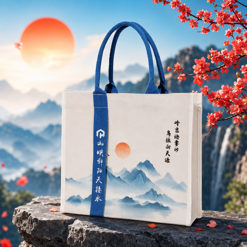 Ink-wash landscape painting canvas handbag, blue handle, white body, vertical blue ribbon, mountains reflected in the slanting sun, sky meeting water, peaks encircled by mist, birds fluttering towards the horizon, orange sun and mountain shadows Specification image
